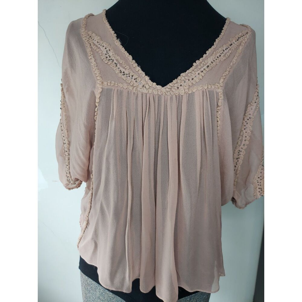 Silk Chiffon Blush Pink Chemise Top Beads Crochet Lace Cottagecore Boho Blouse